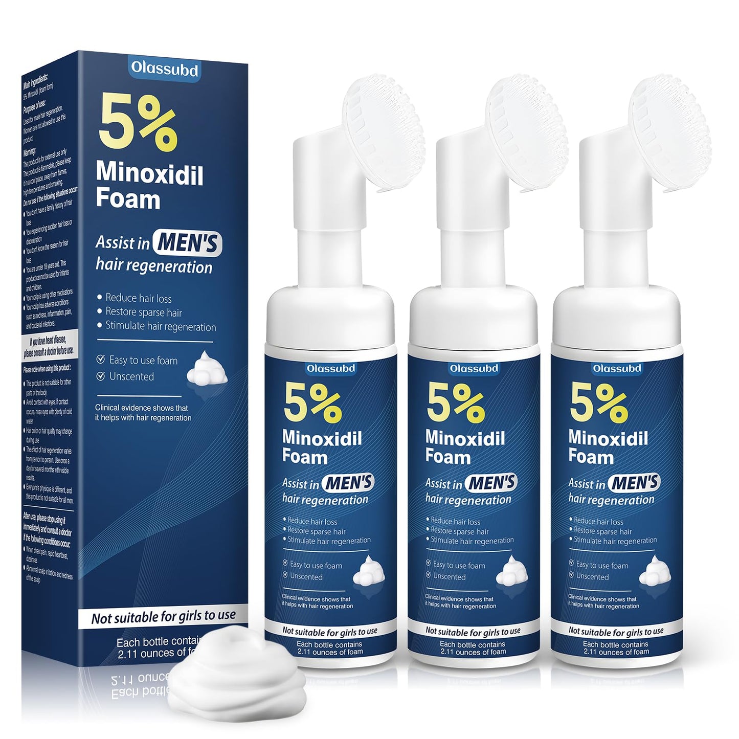 Olassubd Minoxidil 5% Foam for Men – Hair Growth Foam (3 Bottles, 2.11 oz Each)