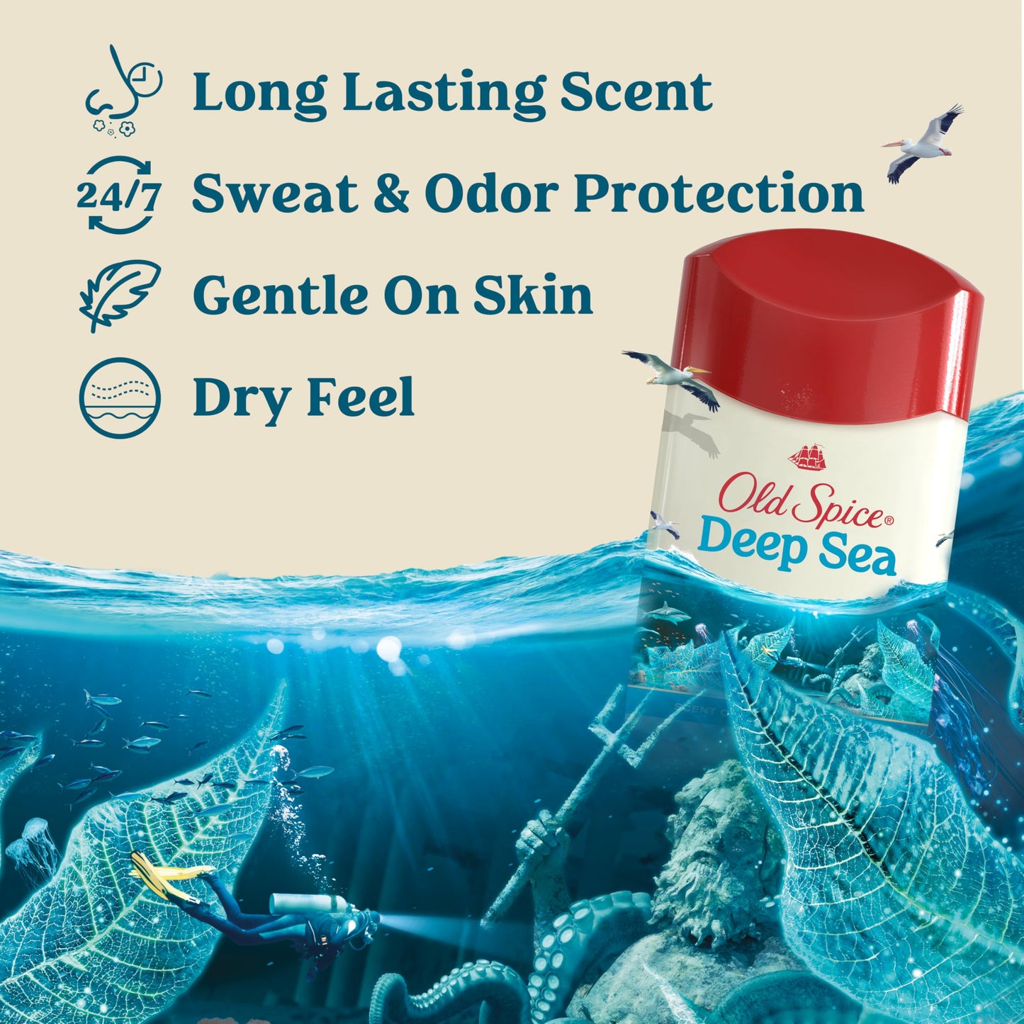 Old Spice Dry Feel Antiperspirant Deodorant for Men – 24/7 Freshness, Deep Sea + Kelp Scent, 2.6 oz x 2