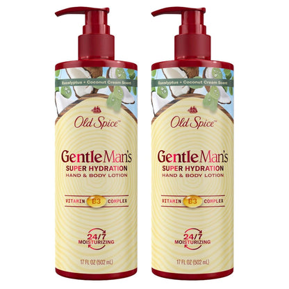 Old Spice Hand & Body Lotion for Men - Gentleman's Super Hydration, Vitamin B3 Complex, 24/7 Moisture, Eucalyptus & Coconut Cream (17 oz Pack of 2)