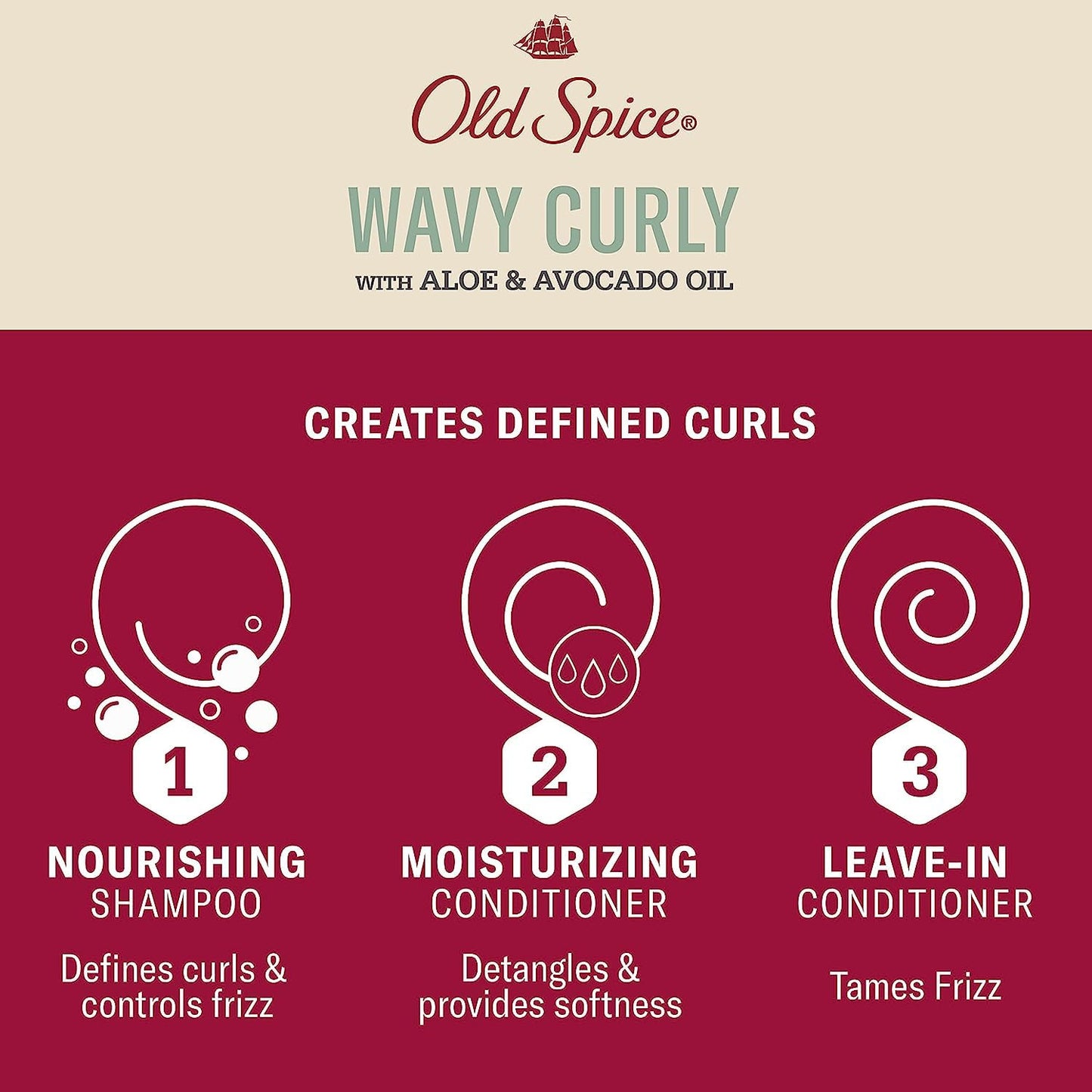 Old Spice Wavy Curly Hair Shampoo, Conditioner & Leave-In Set for Men | Regimen Bundle