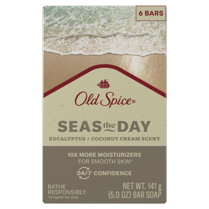 Old Spice Seas the Day Premium Bar Soap – Eucalyptus & Coconut Cream, Plant-Based Cleanser (Pack of 6)