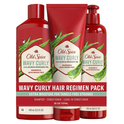 Old Spice Wavy Curly Hair Shampoo, Conditioner & Leave-In Set for Men | Regimen Bundle