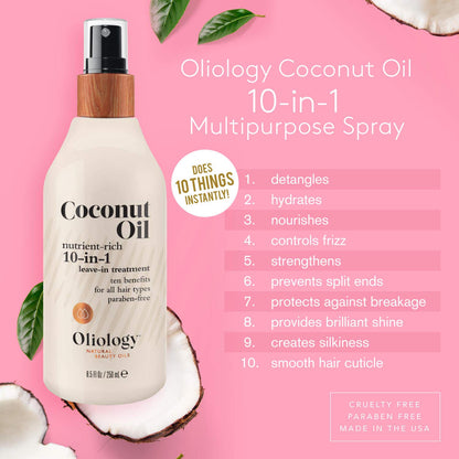 Oliology Coconut Oil 10-in-1 Spray – Leave-In Hair Treatment for All Hair Types | Detangles, Frizz Control, Hydration