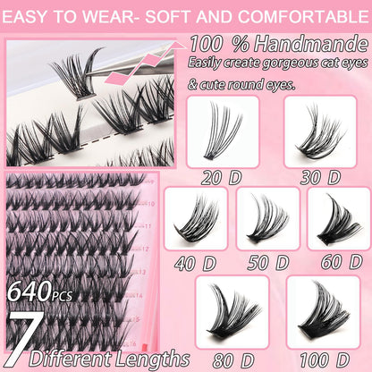 OLLAVO Lash Clusters Kit – 640 Pcs 9-16mm D Curl Wispy Extensions