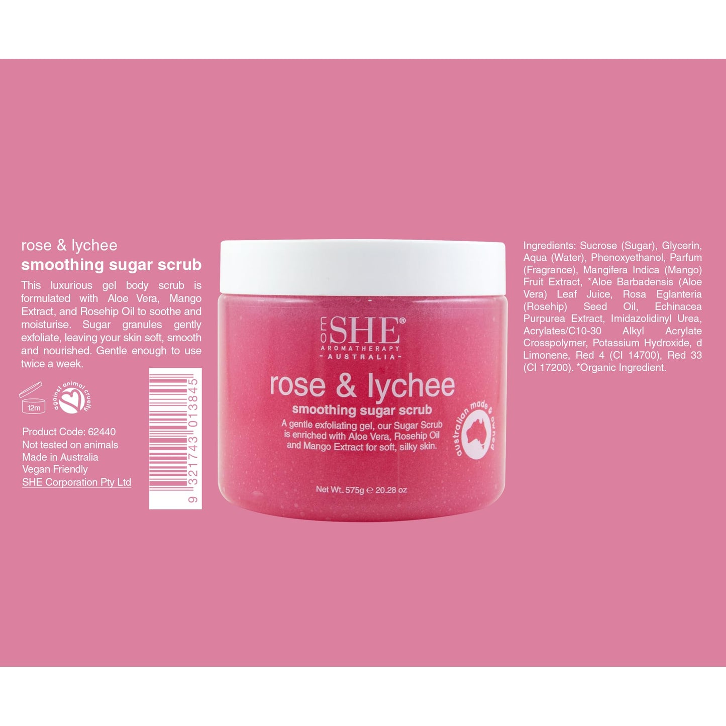 Om She Aromatherapy Rose and Lychee Sugar Scrub 20.28oz – Exfoliating Gel, Australian Made