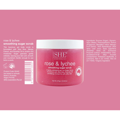 Om She Aromatherapy Rose and Lychee Sugar Scrub 20.28oz – Exfoliating Gel, Australian Made