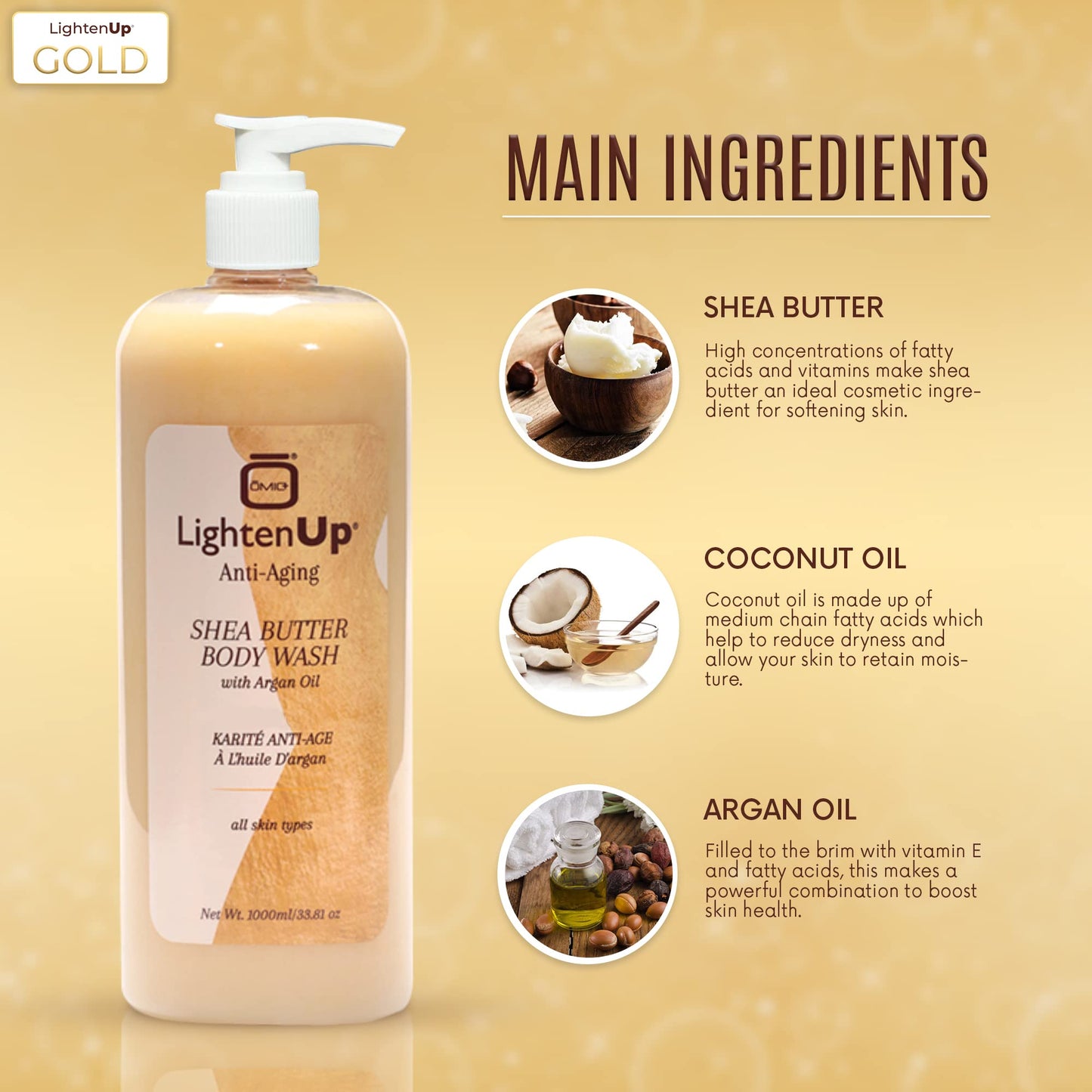 OMIC Lighten-Up Anti-Aging Body Wash – 33.8 fl oz / 1000 ml (Pack of 2) | Argan Oil & Shea Butter