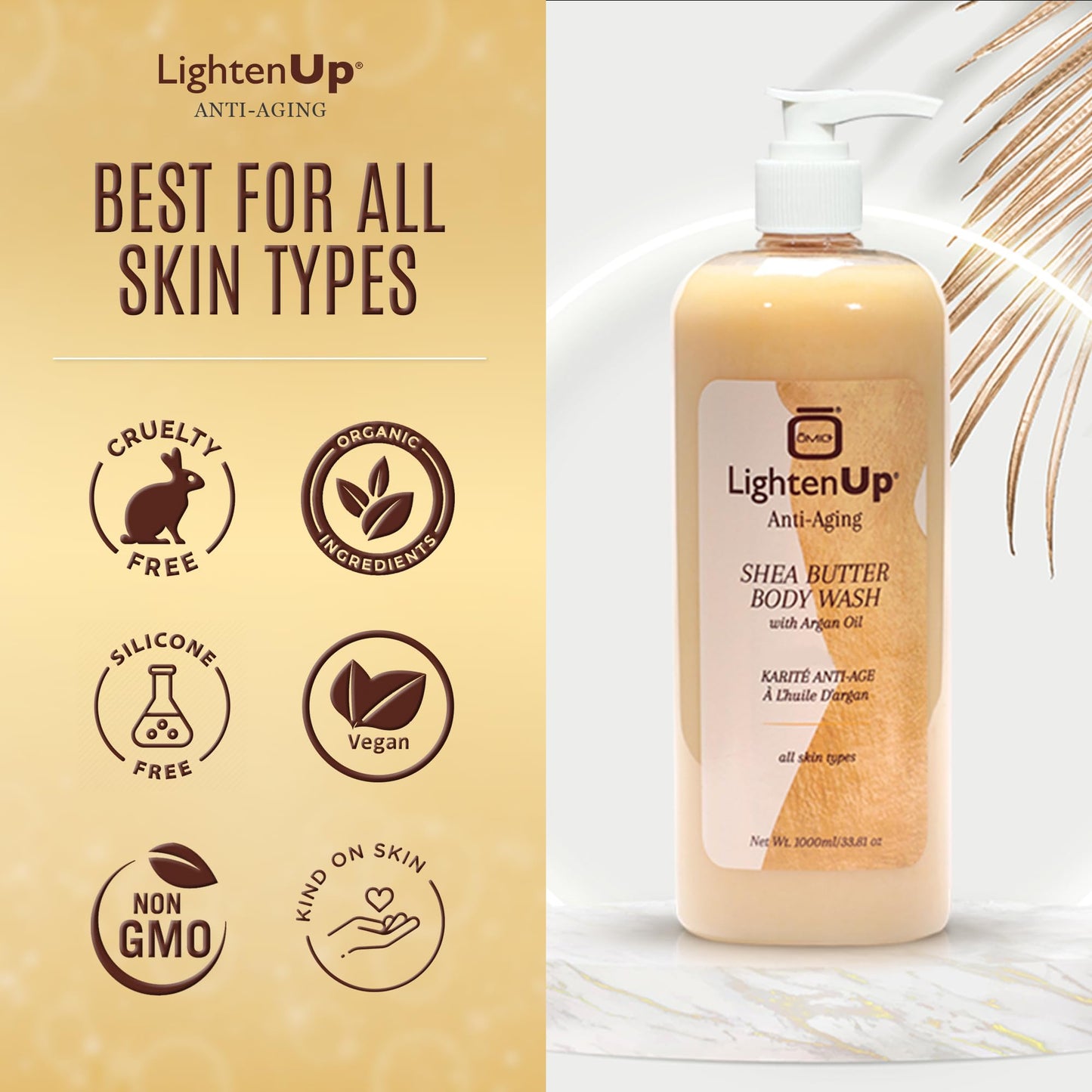 OMIC Lighten-Up Anti-Aging Body Wash – 33.8 fl oz / 1000 ml (Pack of 2) | Argan Oil & Shea Butter