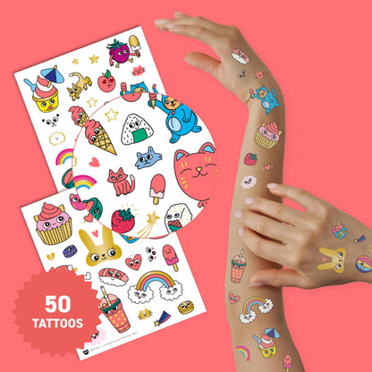 Omy Kawaii Temporary Tattoos for Kids – 50 Colorful Designs | Safe, Long-Lasting & Easy to Apply | Ages 3+
