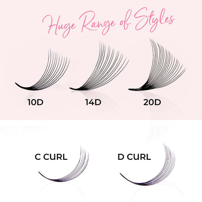One V Salon Premade Fans Lash Extensions — 384 Fans, 10D-16D, D Curl, 0.07mm