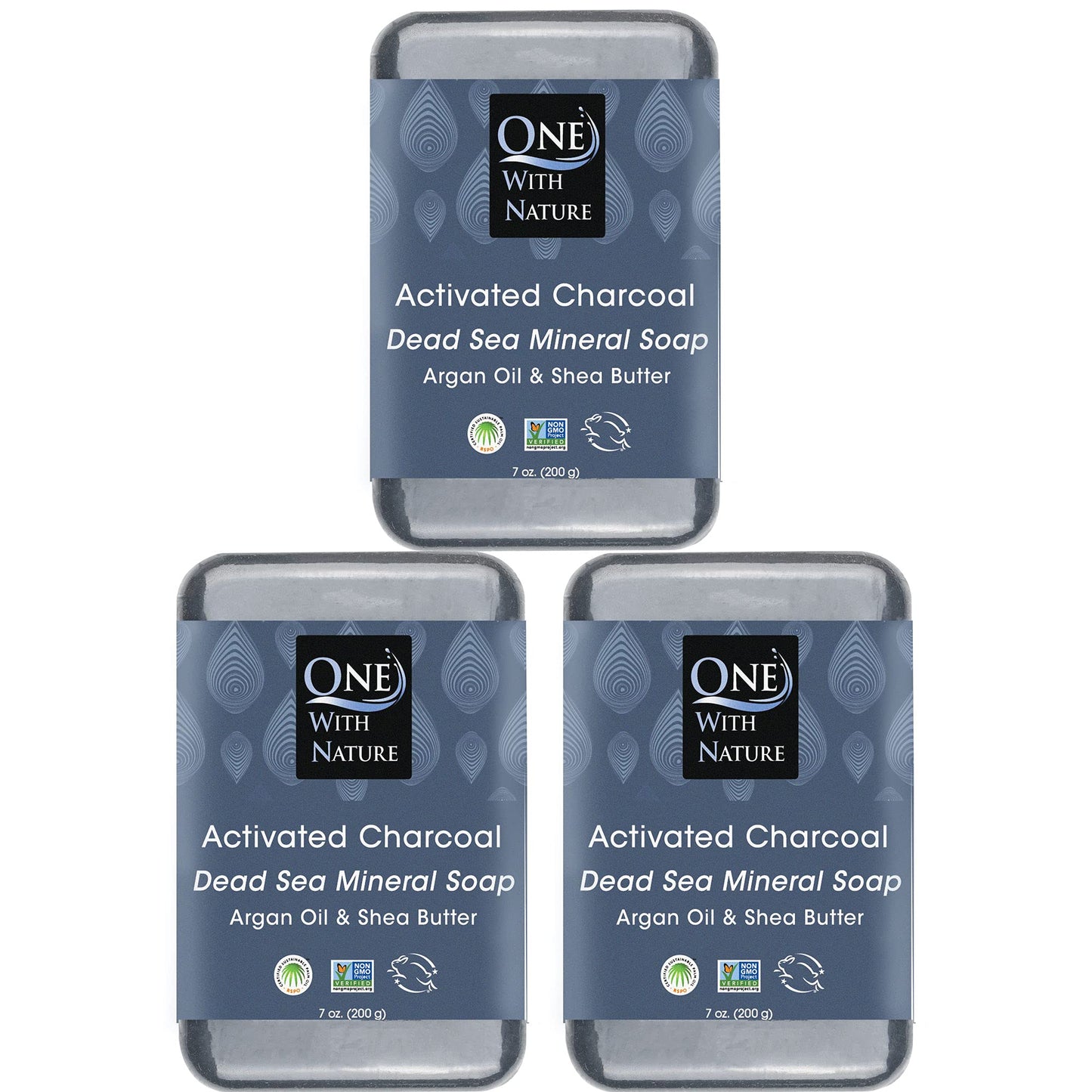 One With Nature Activated Charcoal Soap 7oz 3-Pack – Detoxifying Charcoal Soap Bar with Dead Sea Salt for Face & Body, for Men & Women