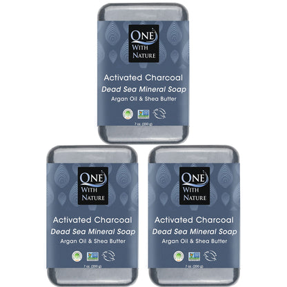 One With Nature Activated Charcoal Soap 7oz 3-Pack – Detoxifying Charcoal Soap Bar with Dead Sea Salt for Face & Body, for Men & Women