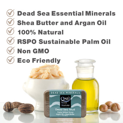 One With Nature Dead Sea Mineral Mud Soap Bar, 7 oz – Fragrance Free, Shea Butter, Argan Oil