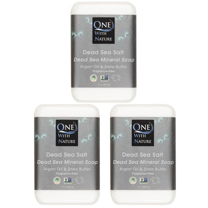 One With Nature Dead Sea Salt Soap 7oz 3-Pack – Purifying & Exfoliating Unscented Bar for Face & Body