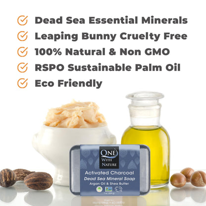 One With Nature Activated Charcoal Soap 7oz 3-Pack – Detoxifying Charcoal Soap Bar with Dead Sea Salt for Face & Body, for Men & Women