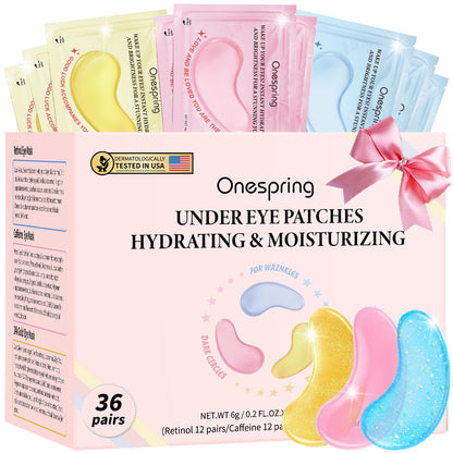 Onespring Eye Masks (36 Pairs) - Caffeine, Retinol, 24K Gold Eye Patches for Puffiness, Dark Circles, Wrinkles