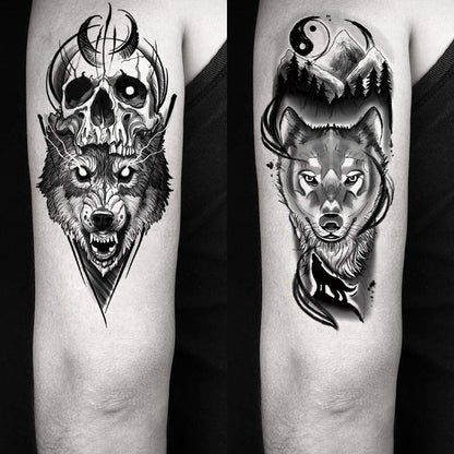 Oottati 8 Sheets Wolf Taichi Totem Skull Moon Forest Flower Temporary Tattoos