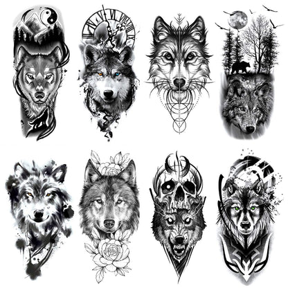 Oottati 8 Sheets Wolf Taichi Totem Skull Moon Forest Flower Temporary Tattoos