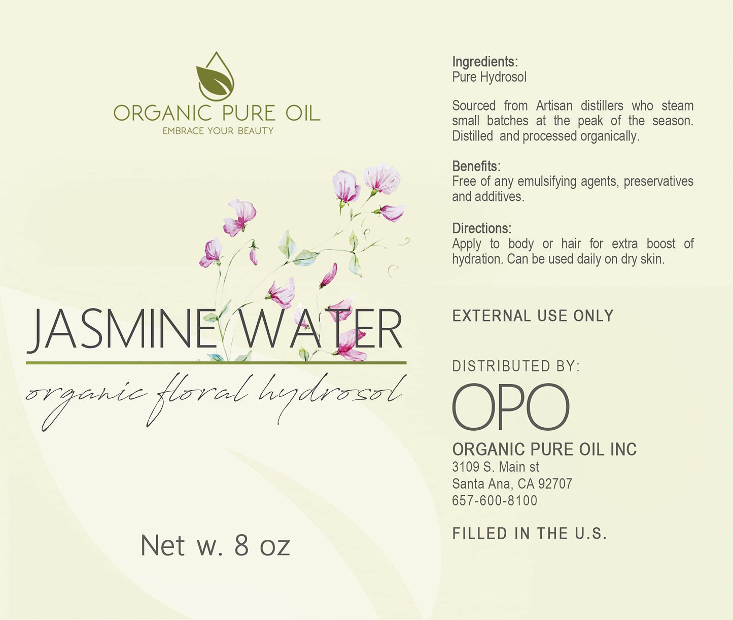 OPO Jasmine Hydrosol Face Mist – Calming Aromatherapy, Toner & Body Mist (8oz) | Organic Pure Oil