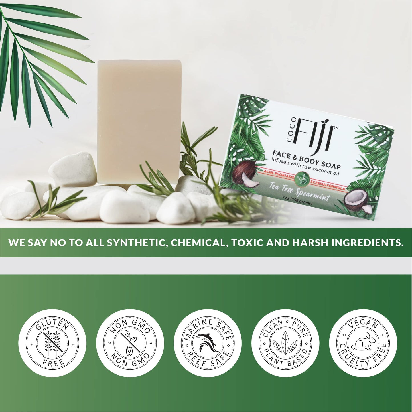 Organic Fiji Coco Fiji Soap Bar – Coconut Oil & Tea Tree Spearmint for Face & Body (7 oz, Pack of 3)