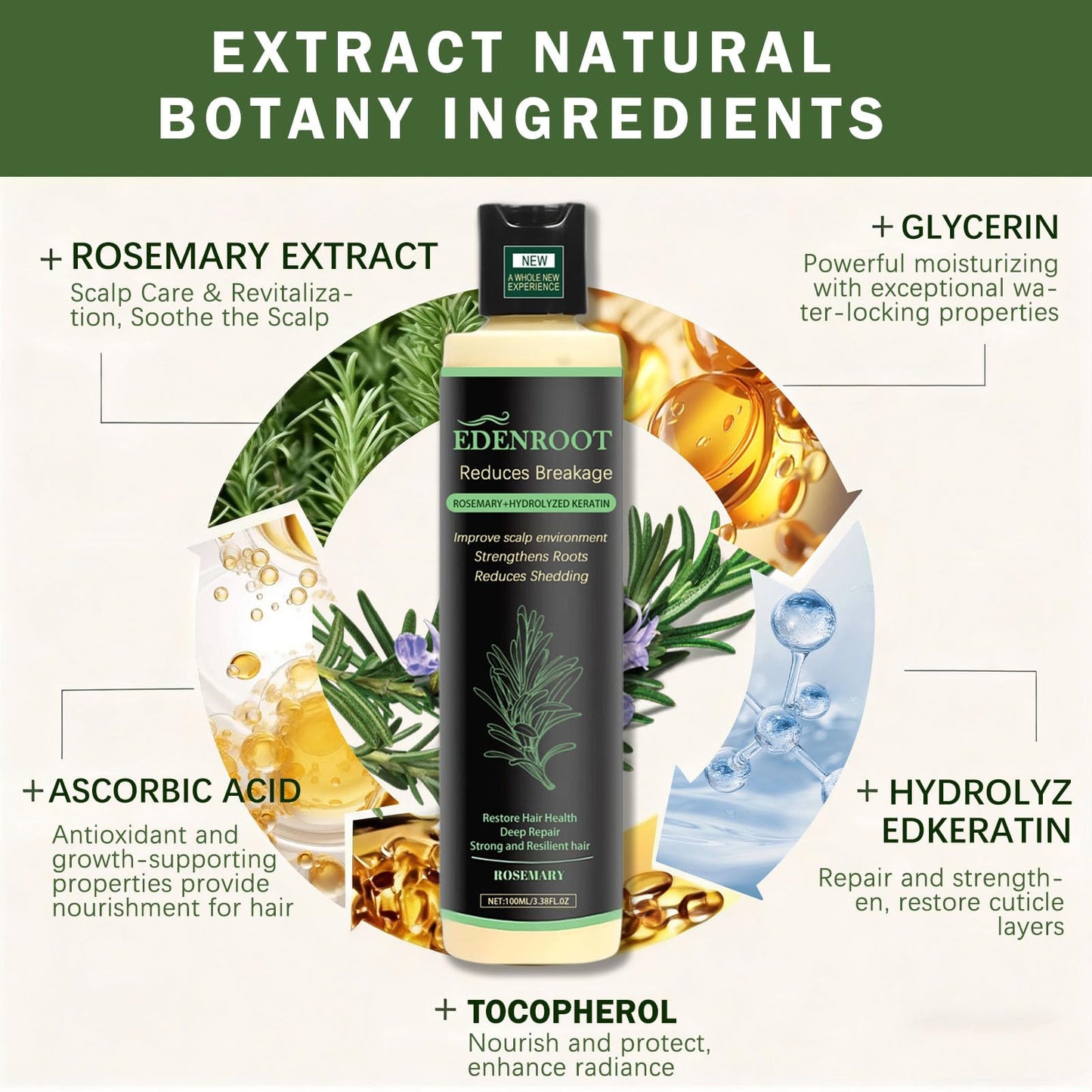Organic Rosemary Hair Growth Shampoo with Hydrolyzed Keratin – Sulfate-Free Thickening (1 bottle)