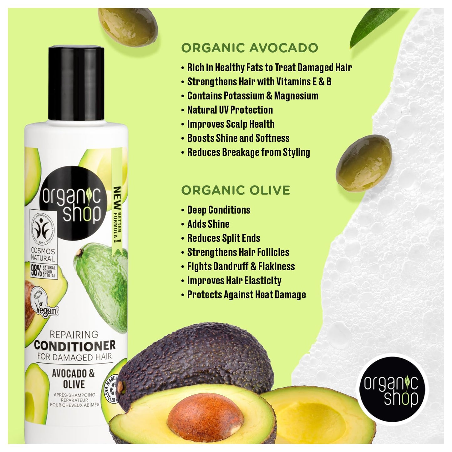 Organic Shop Avocado Repairing Shampoo & Conditioner – Hydrate Dry Hair, Vegan, Paraben & Sulfate Free, COSMOS Natural (Pack of 2)