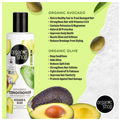 Organic Shop Avocado Repairing Shampoo & Conditioner – Hydrate Dry Hair, Vegan, Paraben & Sulfate Free, COSMOS Natural (Pack of 2)