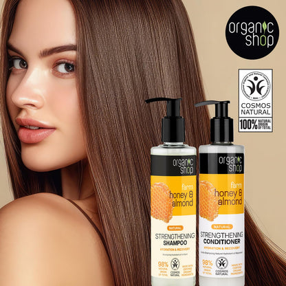 Organic Shop Honey & Almond Hair Strengthening Shampoo & Conditioner – Hydrate, Shine | Pack-2 | 100% Vegan