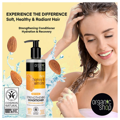 Organic Shop Honey & Almond Hair Strengthening Shampoo & Conditioner – Hydrate, Shine | Pack-2 | 100% Vegan