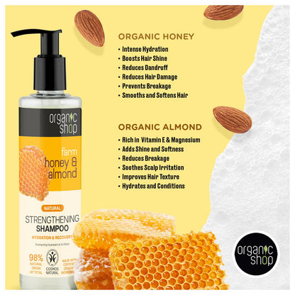 Organic Shop Honey & Almond Hair Strengthening Shampoo & Conditioner – Hydrate, Shine | Pack-2 | 100% Vegan