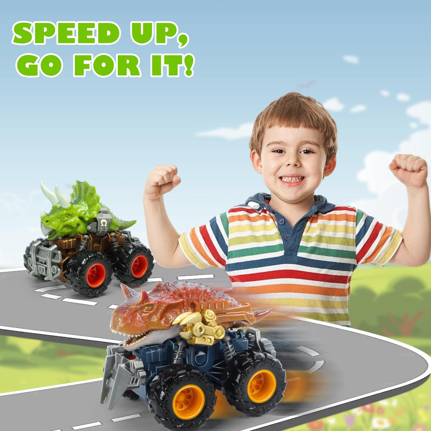 Oriate Dinosaur Monster Truck – Triceratops & Carnotaurus Push & Go Cars for Kids 3-8