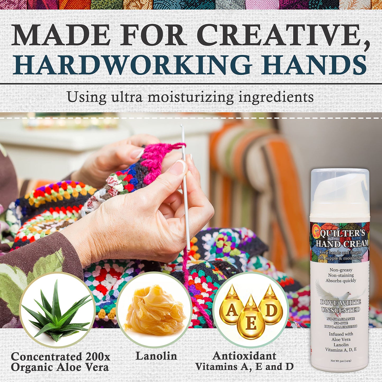 Original Udder Balm Quilter's Hand Cream — Dove White Unscented, USA-Made Ultra-Hydrating Non-Greasy Hand Lotion (5 oz)