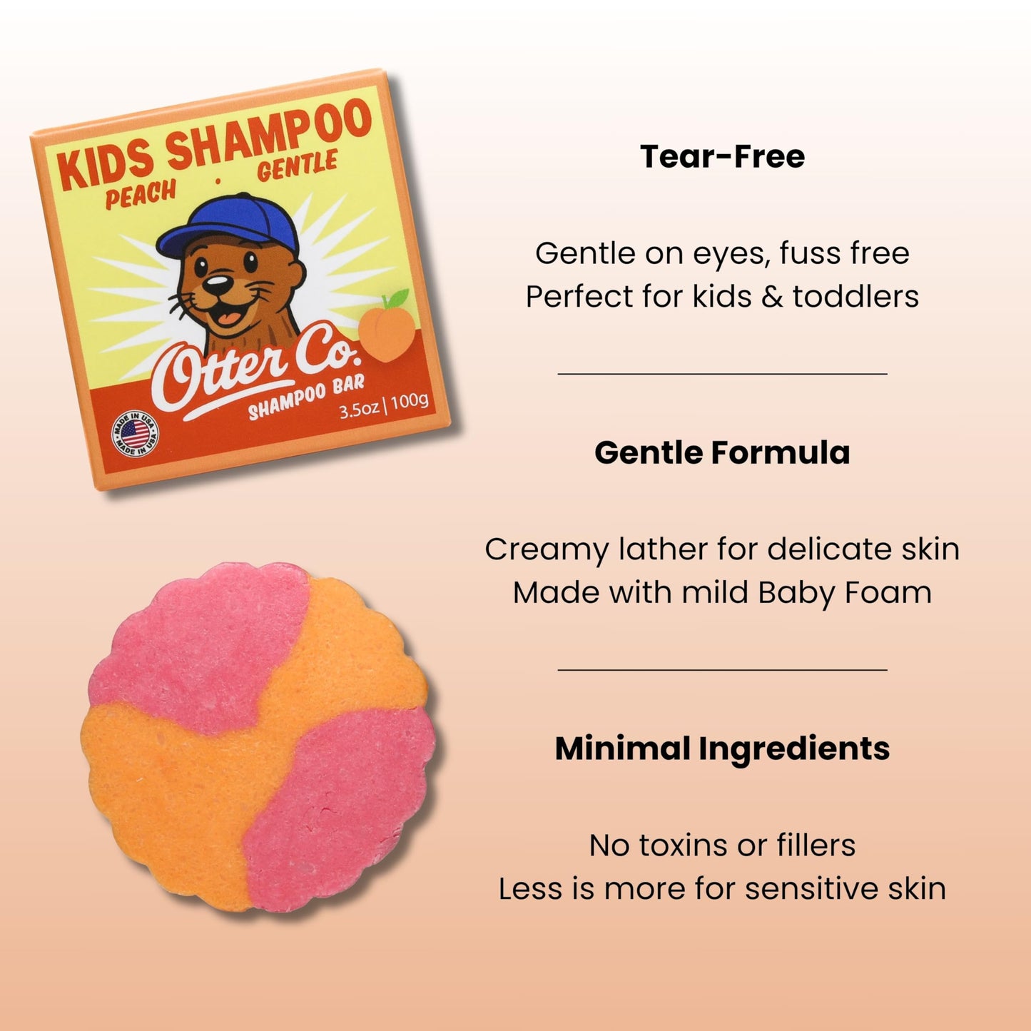 Otter co. Kids Gentle Peach Shampoo Bar – Tear-Free Organic Toddler Shampoo