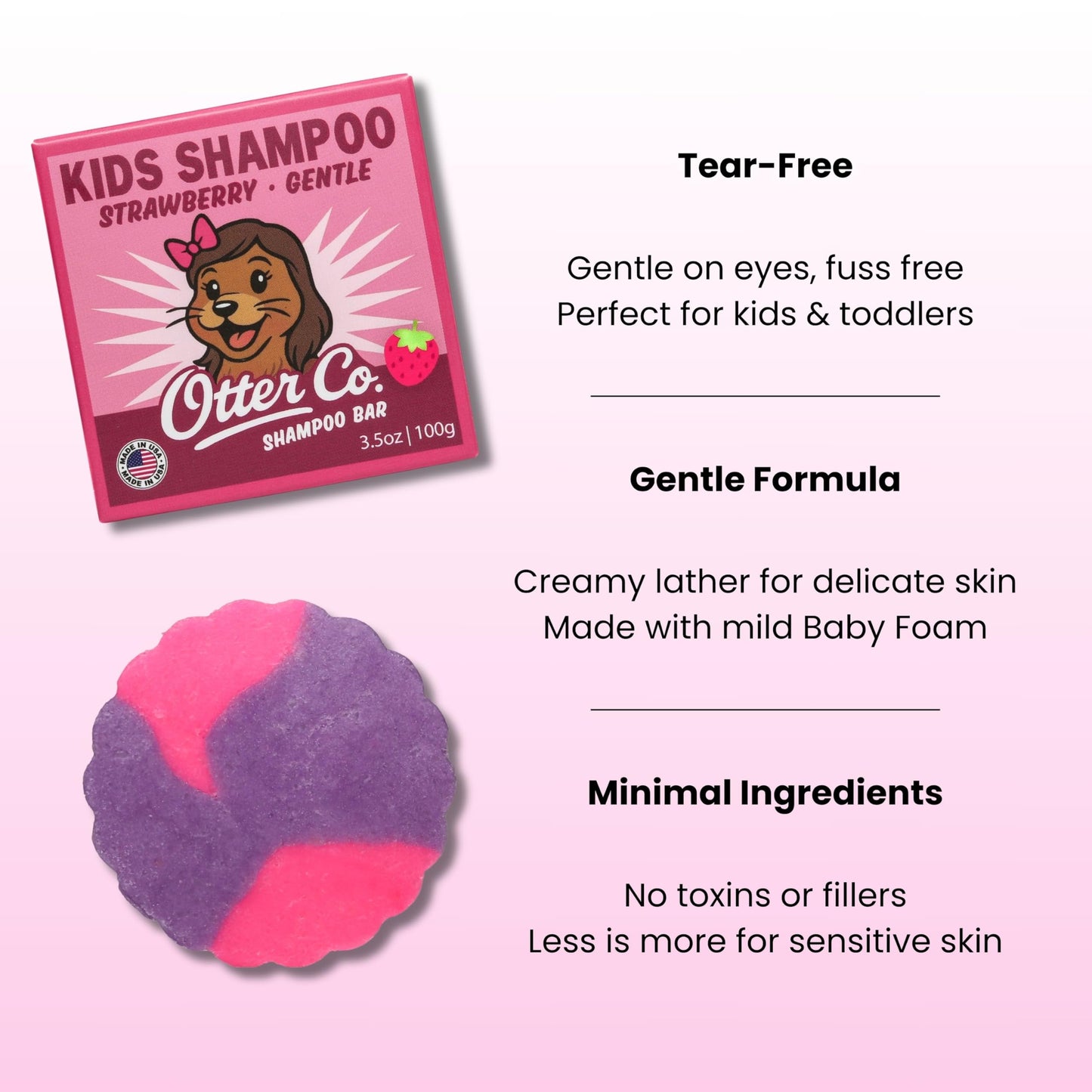 Otter Co. Kids Gentle Strawberry Shampoo Bar — Tear-Free, Sulfate-Free, Organic & USA Made