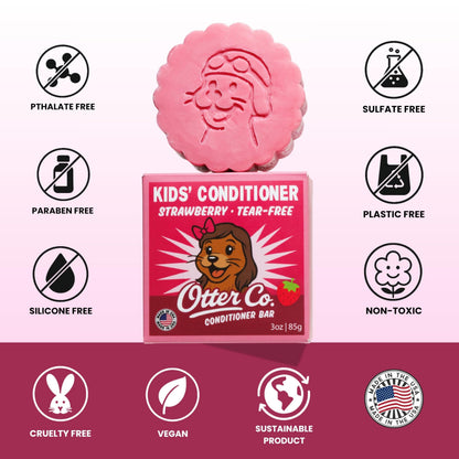 Otter Co Kids Strawberry Conditioner Bar – Tear-Free, Organic, Sulfate-Free for Sensitive Hair | USA Made