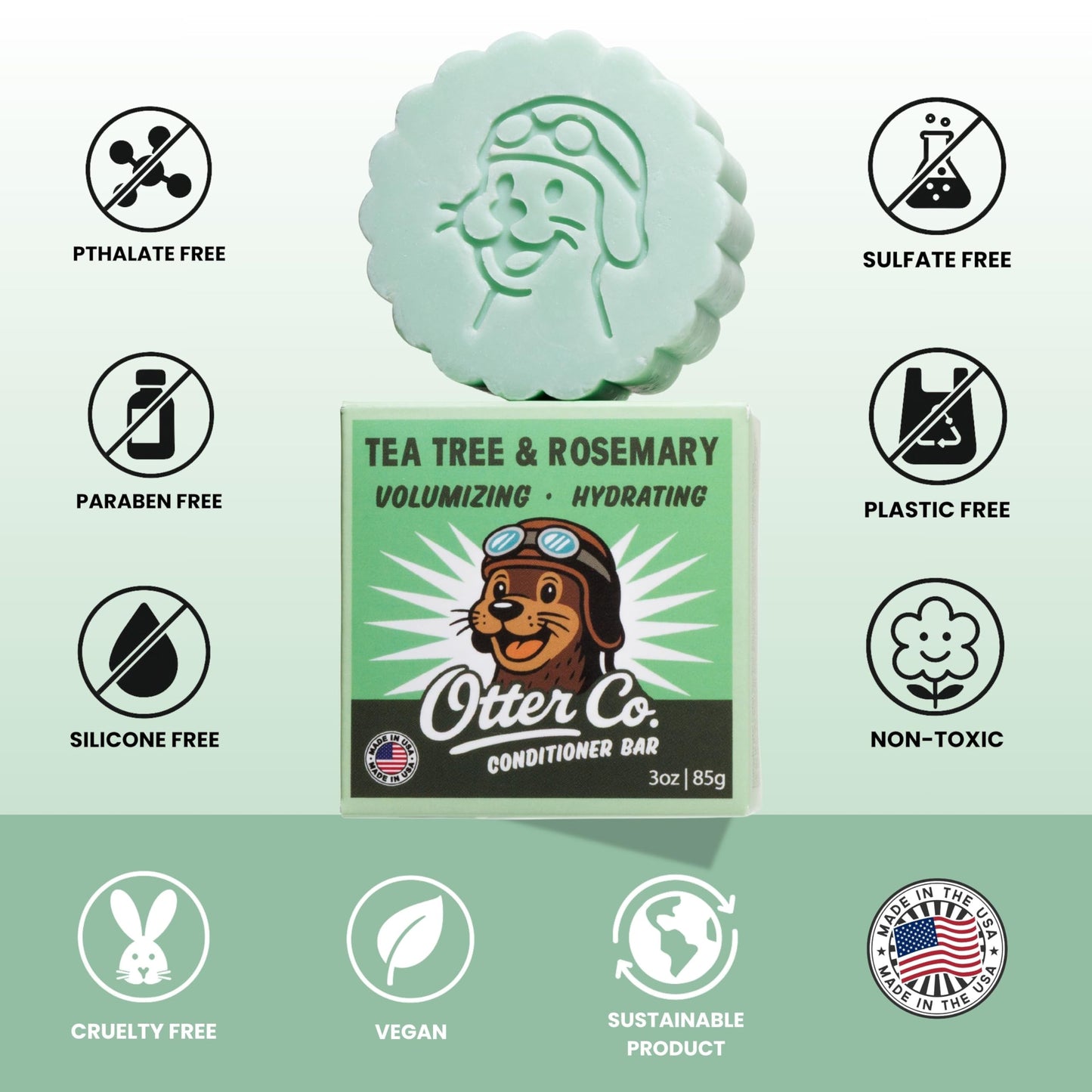Otter Co Tea Tree & Rosemary Volumizing Conditioner Bar - Vegan, Sulfate Free, Non-Toxic, Made in USA