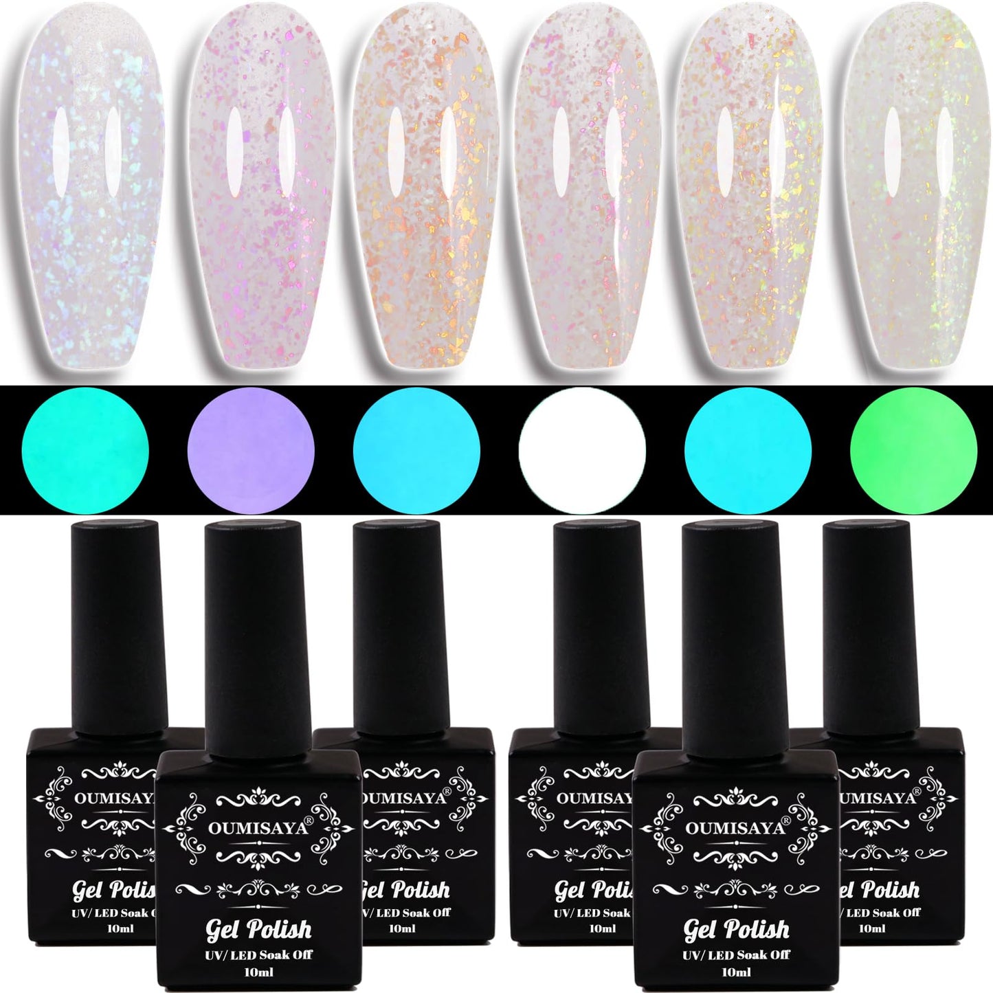 Oumisaya Glow in the Dark Opal Gel Nail Polish Set GP014 | Color-Changing Gel Polish (6 Colors)