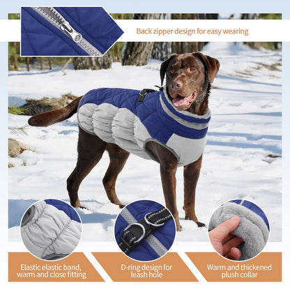 OUOBOB XL Dog Coat for Large Breeds — Waterproof Winter Jacket with D-Ring, Blue
