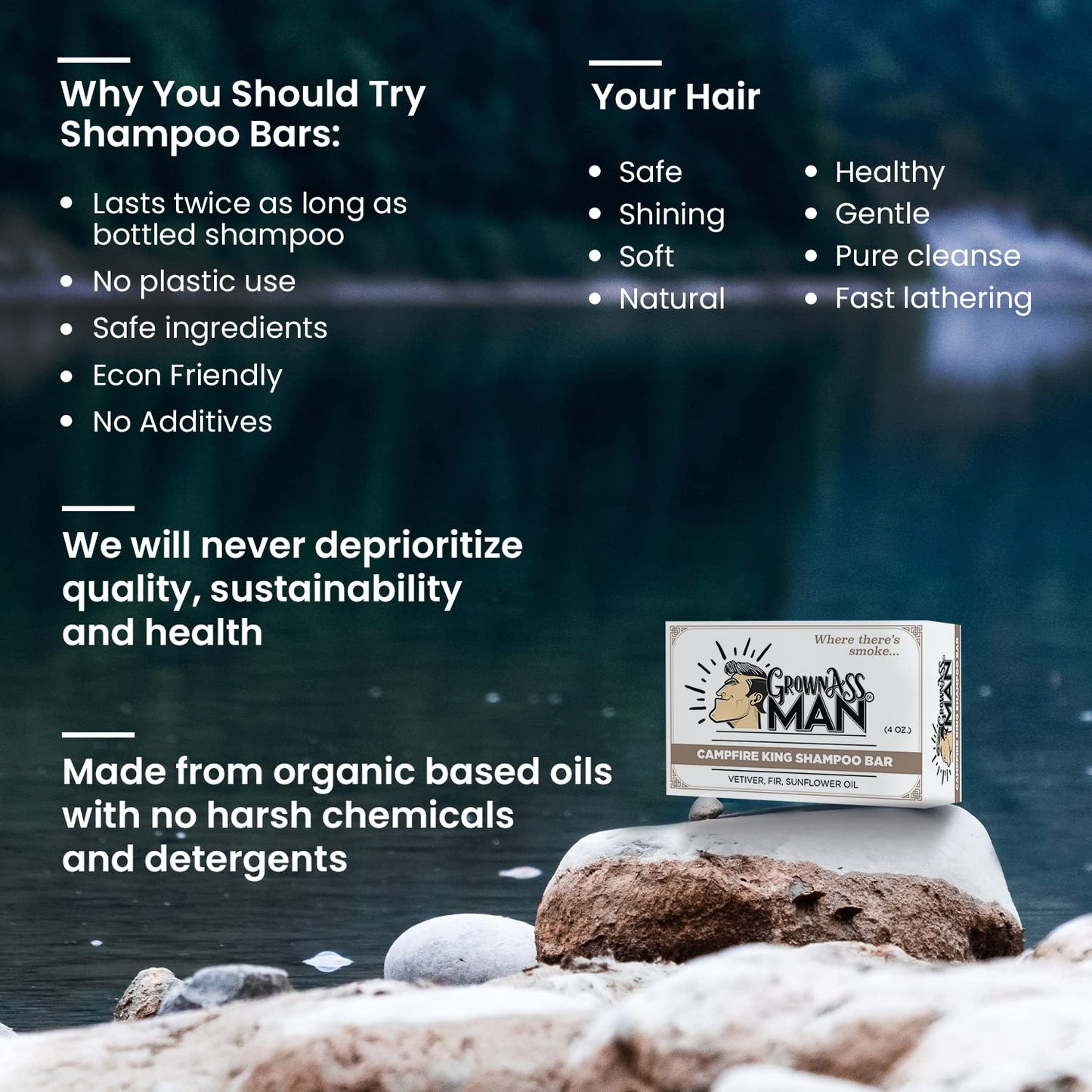 Grown Ass Man Co. Campfire King Solid Shampoo Bar — 3-in-1 Hair, Beard & Body, Plastic Free