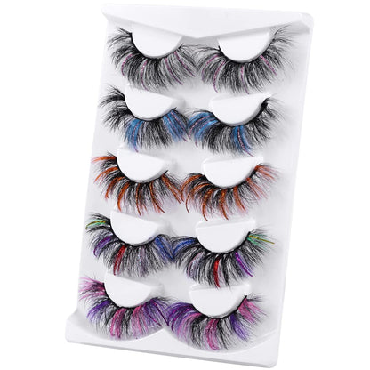 outopen 5 Pairs 20mm Glitter Lashes – Colorful Mink Lashes for Halloween, Cosplay & Party Makeup