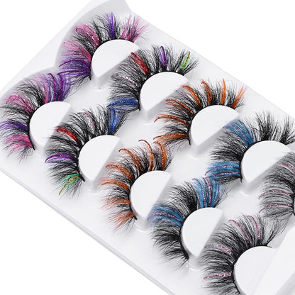 outopen 5 Pairs 20mm Glitter Lashes – Colorful Mink Lashes for Halloween, Cosplay & Party Makeup