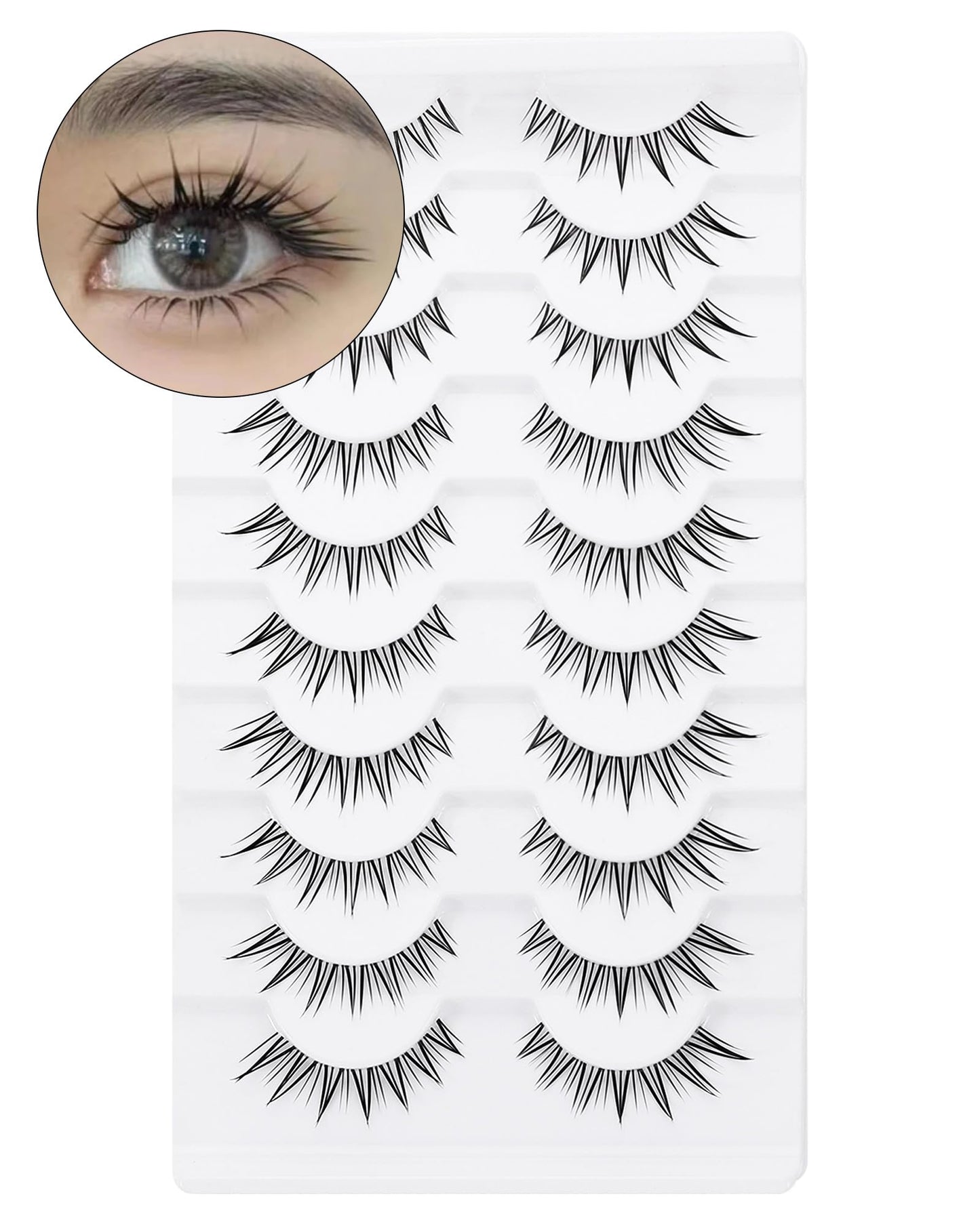 outopen 10 Pairs Fox Eye Manga Lashes – Natural Look, Clear Band, Asian Doll Style