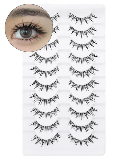 outopen 10 Pairs Fox Eye Manga Lashes – Natural Look, Clear Band, Asian Doll Style