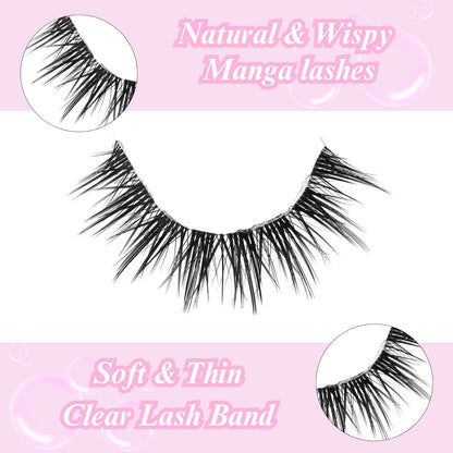 outopen Manga Lashes 10 Pairs – Natural Look, Clear Band, Anime Style Cosplay Lashes