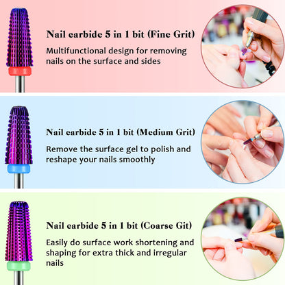 Outus 3-Piece Nail Carbide 5-in-1 Bit – 2-Way Rotation, 3/32-Inch Shank