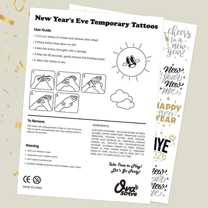 Ovasorve New Years Eve Party Tattoos – 40 Gold & Silver Foil NYE Styles | 2026 Party Favors