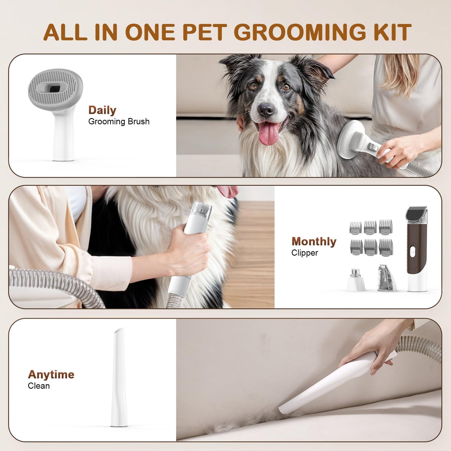 Ozumek Dog Grooming Vacuum Kit – 6 Tools, Quiet & Powerful Grooming
