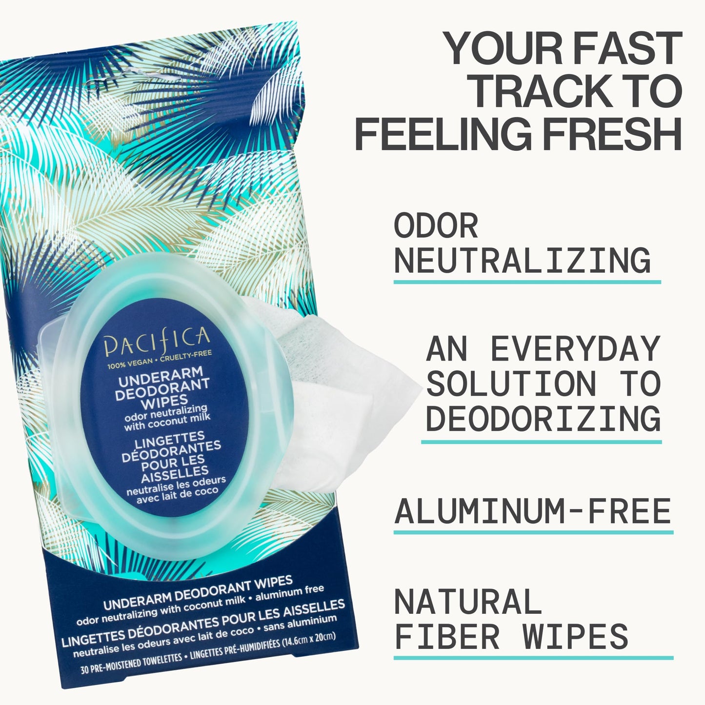Pacifica Coconut Milk & Essential Oils Underarm Deodorant Wipes – Aluminum-Free, Vegan, 30 Wipes (4-Pack)
