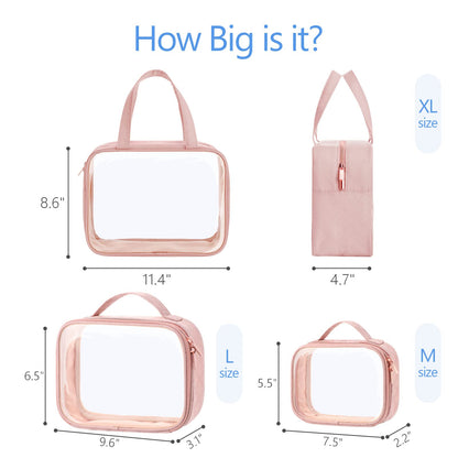 PACKISM Clear Makeup Bag Combo Pack – TSA-Approved Medium, Large & XL in Rose Pink | Water-Resistant Travel Organizer