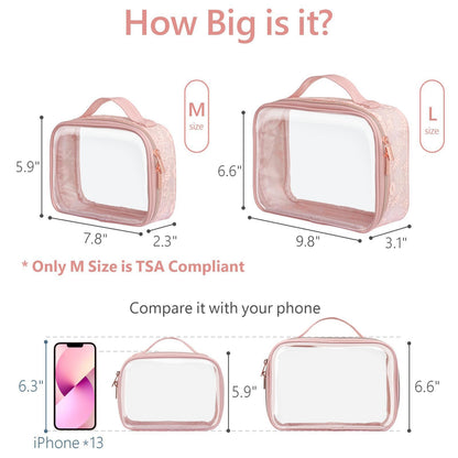 PACKISM Floral Lace TSA Toiletry Bag Set – Medium & Large Clear Bags, Pink